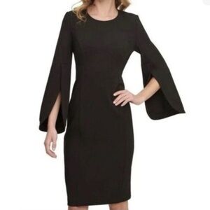Calvin‎ Klein Size 10 Black Split Sleeve Sheath Dress Workwear Cocktail Holiday
